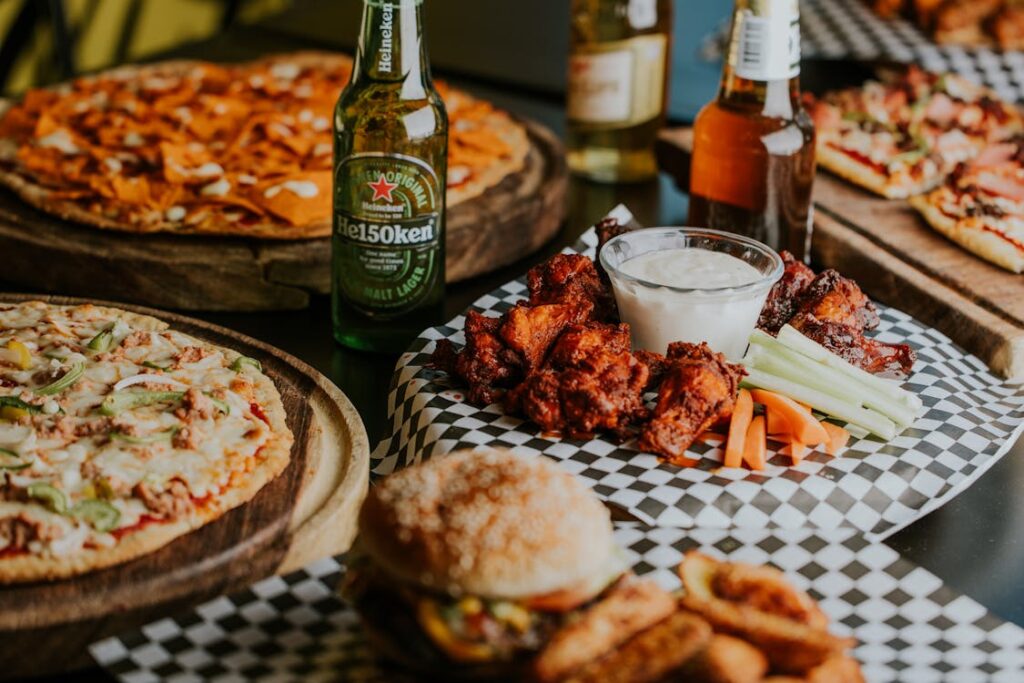 Buffalo Wings with garlic dips paired with beer.